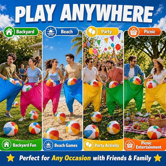 4-Color Team Granny Pants Yard Game with 20 Inflatable Balls & 2 Air Pumps (Random Colors) - Complete Adult Party Set for 8+ Players, The Ultimate Family Reunion Backyard Party Games