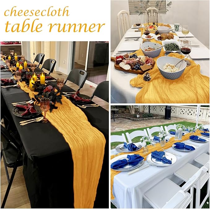 12 Pack Gold Cheesecloth Table Runner 17 x 108 Inch Gauze Table Runner Fabric Semi Sheer Cheese Cloth Table Decor Bulk for Rustic Romantic Wedding Baby Shower Table Decoration