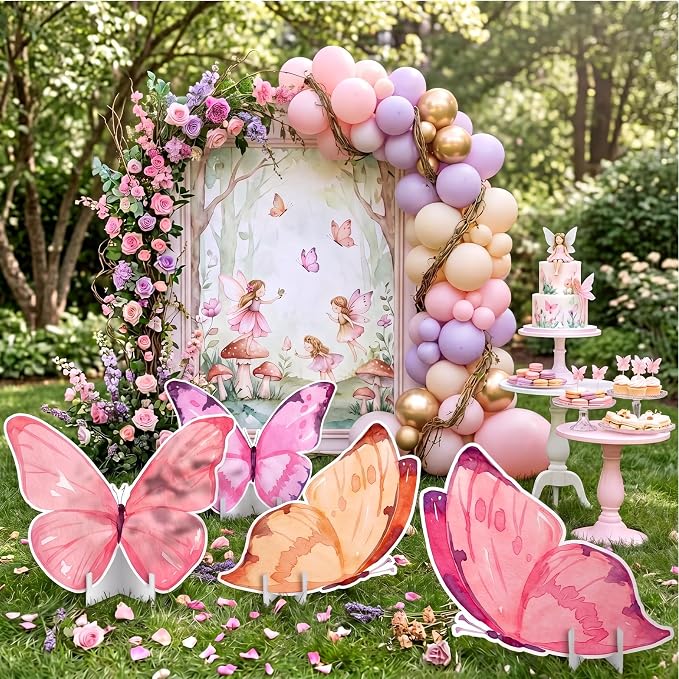 Honoson 4 Pcs Large 20" x 30" Fairy Butterfly Cardboard Cutouts Backdrop, Fairy Birthday Party Decoration Standing Butterfly Props for Spring Garden Outdoor Lawn Yard Signs Baby Shower Supplies