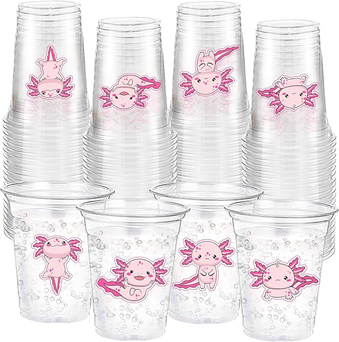 Funnymoom 60 Pack Pink Axolotl Birthday Decoration Cups 12 oz Cute Cartoon Animal Disposable Clear Plastic Drinking Cups for Reptile Animals Themed Birthday Baby Shower Party Decorations Supplies