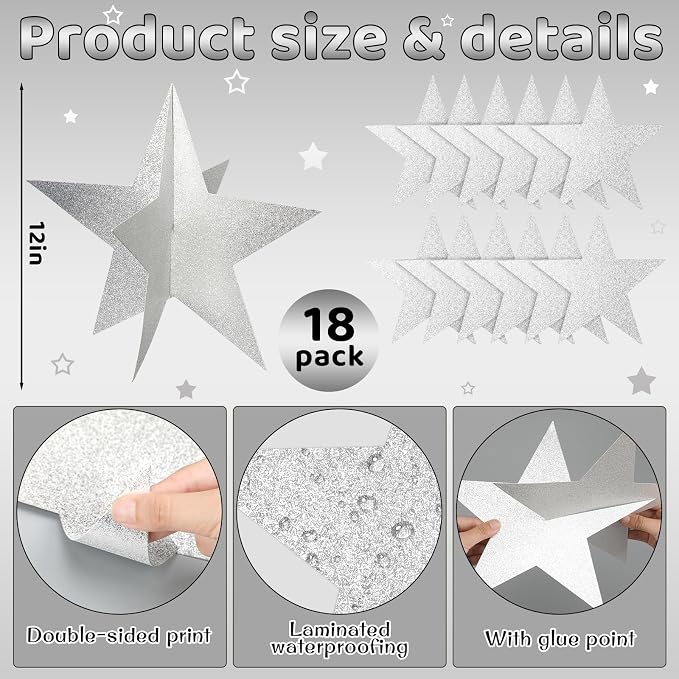 Sinload 18 Pcs Large 3D Glitter Star Decorations Back to School Work Silver Star Centerpiece Standing Hanging Decor for School Centerpiece Starry Movie Night Themed Party Decor