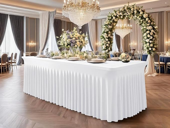 2 Packs White Stretch Table Skirts for 8 Foot Rectangle Table, Washable Spandex Stretch Tablecloths with Skirt, Wrinkle Resistant Fitted Tablecover for Wedding Party Banquet