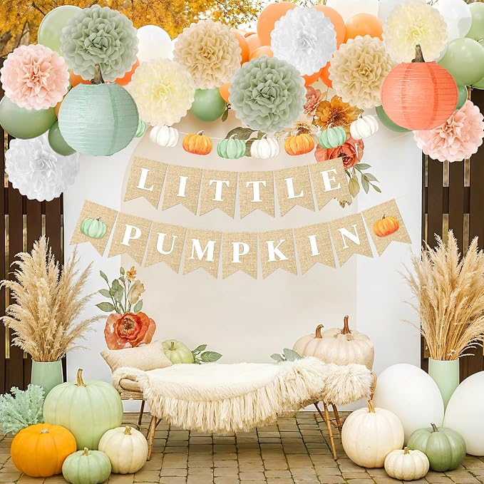 Kriyokiaa Little Pumpkin Baby Shower Decorations 15 Pcs Fall Baby Shower Decorations with Little Pumpkin Banner, Paper Pom Poms, Paper Lantern Perfect for He or She Reveal Party