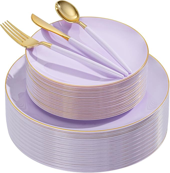 DaYammi 150Pcs Purple Plastic Plates with Gold Rim,Disposable Plastic Plates Include 30 Dinner Plate,30 Salad Plate,30 Forks,30 Spoons,30 Knive,Purple Disposable Platos for Party Wedding Mother's Day
