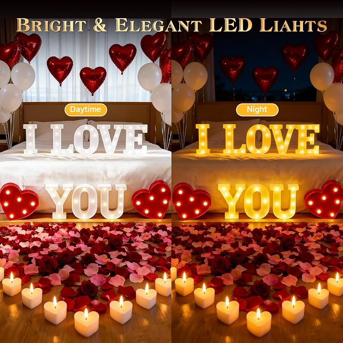 Happy Anniversary Decorations, I Love You Light up Letters Sign, with Rose Petals, Round Pearlescent Balloon, Aluminum Balloons, Table Decor for Wedding Romantic Party