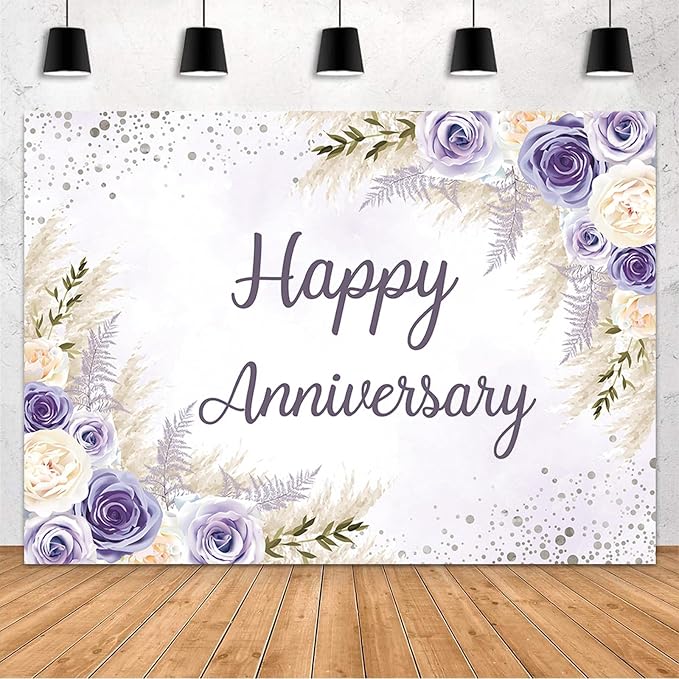 MEHOFOND Boho Happy Anniversary Backdrop Purple Floral Bohemia Pampas Grass Anniversary Banner Cheers to Marriage Wedding Party Decorations Memorial Portrait Photo Booth Background 7x5ft
