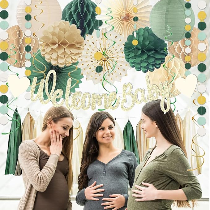 Sage Green Baby Shower Decorations Boys Safari Welcome Baby Sign Olive Green Paper Flowers Honeycomb Balls Lanterns Fans Hanging Swirls Tassel Garlands for Baby Gender Reveal Party Décor