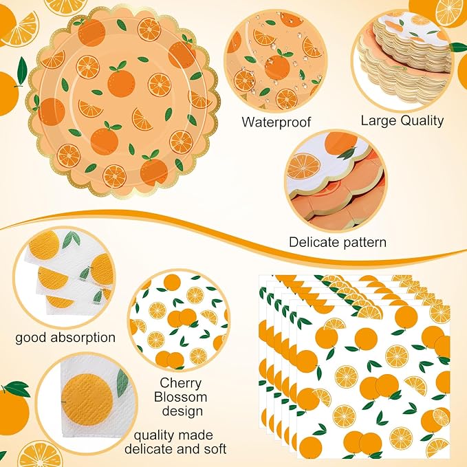 Funnymoom 200 Pcs Orange Citrus Party Supplies Kit Little Cutie Disposable Paper Dinner Dessert Plates Luncheon Napkins Beverage Napkins for Summer Fruit Birthday Baby Shower Wedding Party 50 Guests