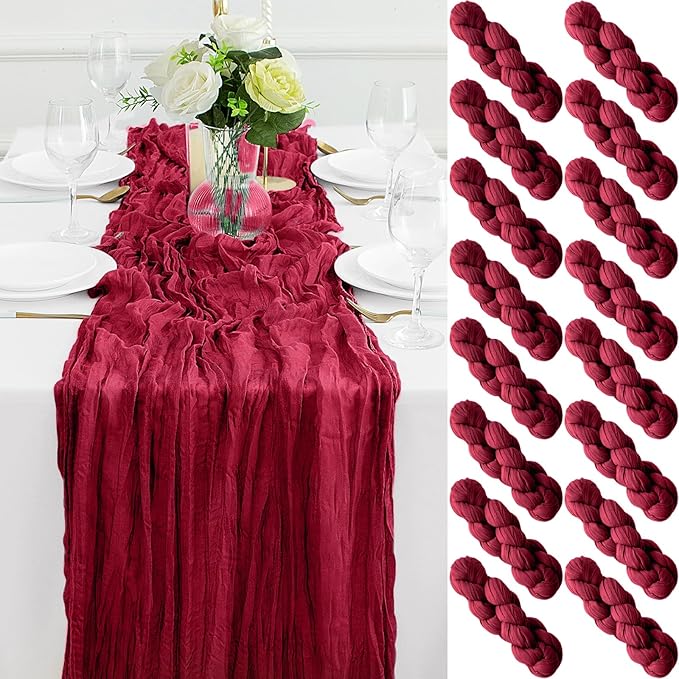 16Pack Burgundy Table Runner 10FT Burgundy Cheesecloth Table Runner 35x120Inch Long Boho Table Runners Rustic Gauze Table Runners for Party Wedding Bridal Shower Baby Shower Decorations