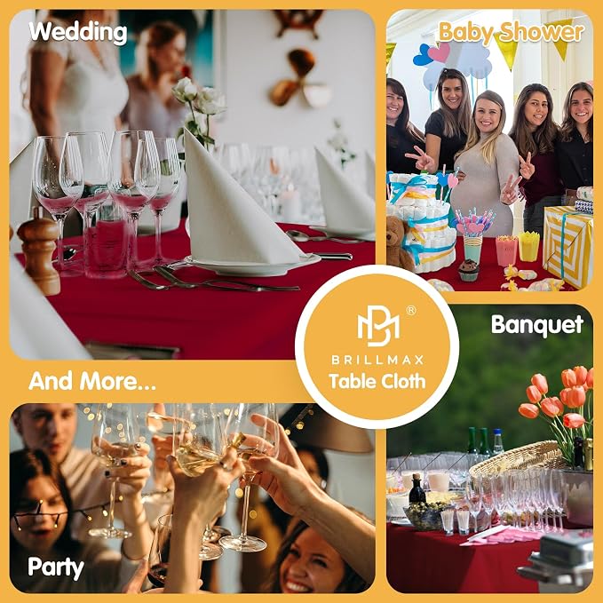 BRILLMAX 10 Pack Burgundy Tablecloths 60 x 126 Inch for 8ft Rectangle Tables - 150 GSM Polyester Fabric, 15" Standard Drop, Water, Stain & Wrinkle Resistant Cloth Cover for Wedding Dining Buffet