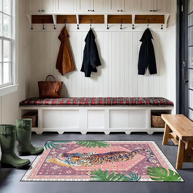 Pink Tiger Area Rug 3' x 5' Tropical Animal Carpet for Kids Bedroom Living Room Nursery Jungle Leaf Floor Mat Modern Aesthetic Non-Slip Doormat Carpet Home Decor