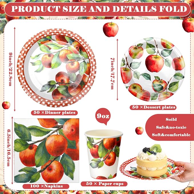 Domensi 250 Pcs Fall Apple Party Paper Plates and Napkins Forks Autumn Apple Party Supplies Decoration Fall Theme Tableware Set for Rosh Hashanah Harvest Fruit Theme Birthday Parties Baby Shower