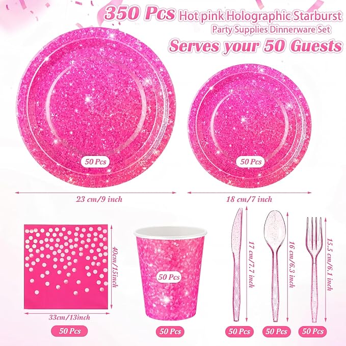 Hushee 350 Pcs 50 Guests Hot Pink Paper Party Plates and Cups Napkins Sets Holographic Glitter Disposable Dinnerware Plastic Forks Knives Spoons Birthday Bachelorette Wedding Party Supplie