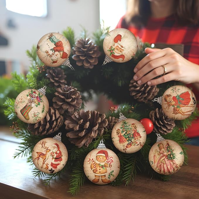 Outus 16 Pcs Christmas Tree Ball Ornaments Vintage Christmas Decorations for Tree Xmas Socks Gingerbread Decorative Hanging Ornaments for Farmhouse Home Fireplace Decoration Holiday Party Favors