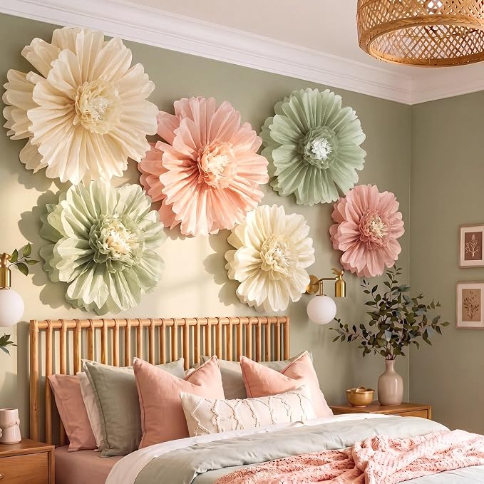 Giegxin 6 Pcs 31.5", 24" Pink and Sage Green Giant Paper Flowers Big Boho Sage Green Crepe Paper Flowers for Wall Decorations Wedding Baby Shower Birthday Bridal Shower Backdrop Classroom Party Decor