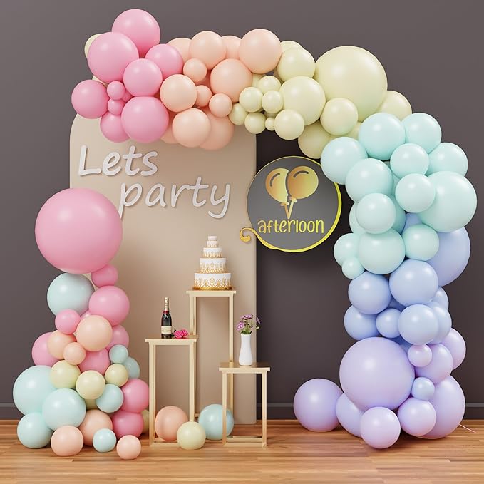 AFTERLOON® Biodegradable Balloons 138pcs Pastel Rainbow Assorted Different Sizes 18" 12" 10" 5" Balloon Garland Arch Kit for Birthday Party Decorations, Graduation, Baby Shower, Wedding, Anniversary