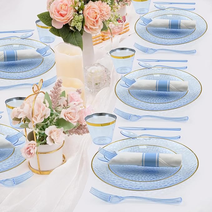 175pcs Blue Hammered Plastic Dinnerware Set for 25 Guests - Disposable Plastic Plates with Gold Rim, Heavy Duty 9oz Cups Pre-Rolled Napkins with Cutlery Ideal for Party