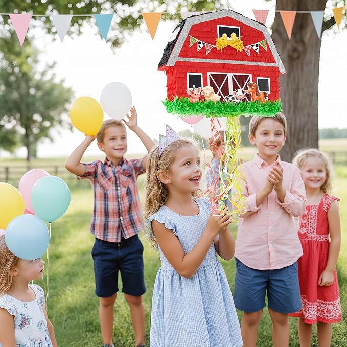 WERNNSAI Red Farm Animal Piñata - Farm Baby Shower Decorations Animal Piñata Party Game for Kids Birthday Celebrations Milk Farm Party Favor Supply with Bat Blindfold
