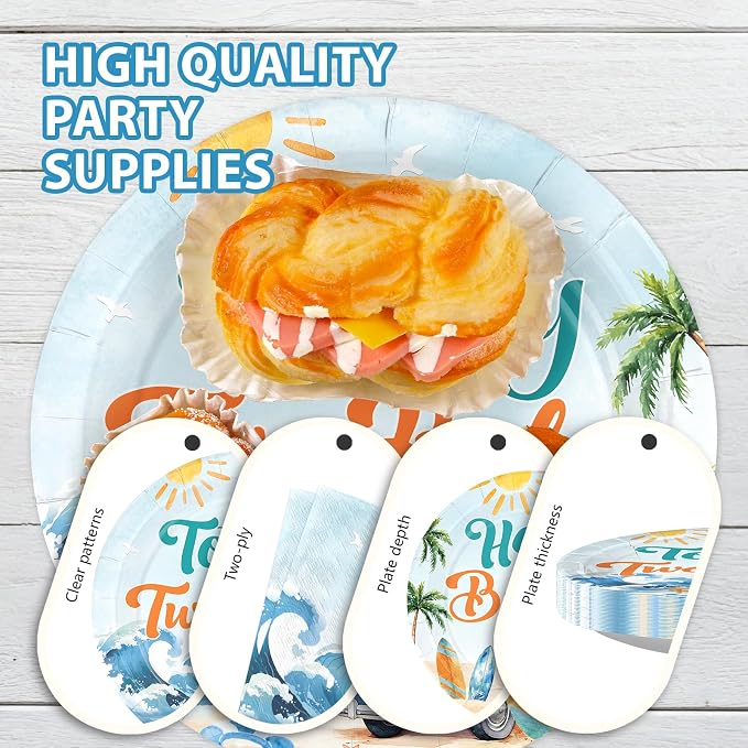 96Pcs Summer Surfing 2nd Birthday Party Decoration Totally Two Bular Plates and Napkins Vintage Surfing Birthday Tableware Set for Boys Summer Swimming Pool Hawaii Party Supplies, Serves 24