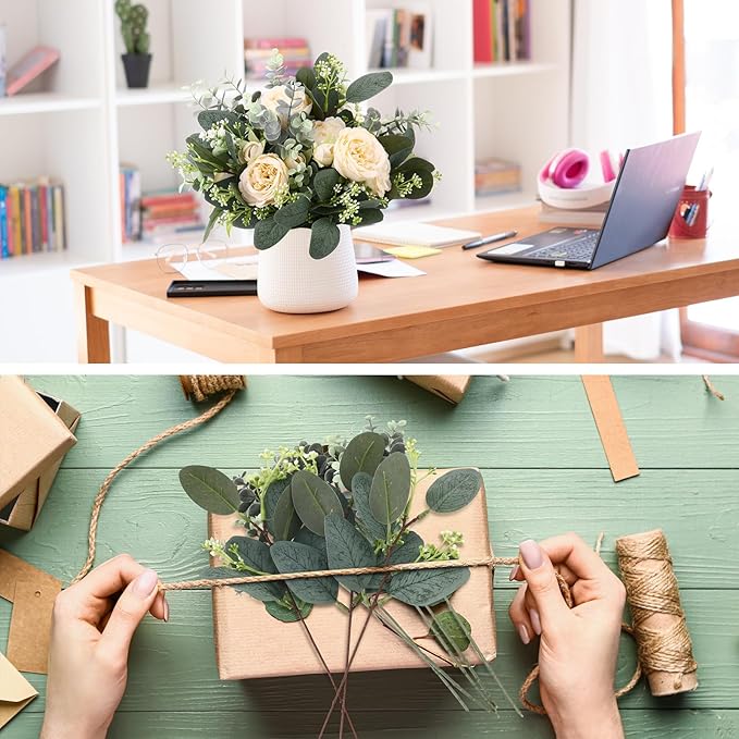 Janinka Mixed Eucalyptus Leaves Stems Bulk with White Seeds Artificial Silver Dollar Leaves Sprays Faux Oval for Wreath Garland Floral Bouquets Arrangement Wedding Greenery Decoration(120)