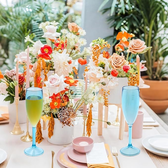 12 Pcs Champagne Flutes 5.4OZ Plastic Champagne Glasses Wine Glasses Plastic Goblets for Parties Mimosa Bar Glasses Stemmed Drinking Cups for Wedding Celebration Christmas Birthday Bride (Clear Blue)