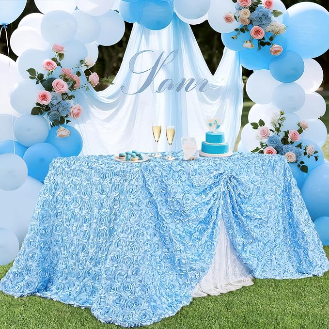 B-COOL Light Blue Rosette Tablecloth 3D Floral Satin Rectangle Table Overlay 60x102 Inch for Baby Shower Wedding Birthday Party Ceremony Floral Table Cloth