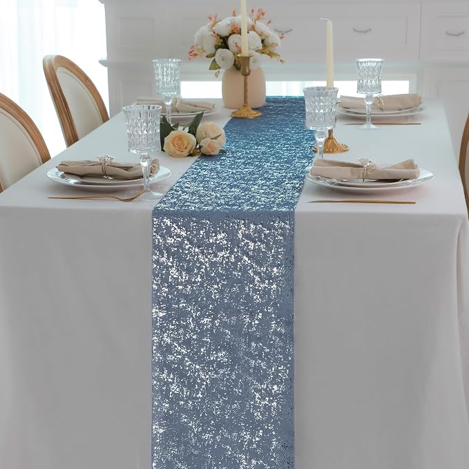 Snowkingdom Navy Blue Silver Table Runner Roll Glitter Sequin 2Pcs Sparkly Metallic Foil Sheer Mesh Elegant Centerpieces Party Decorations for Wedding Birthday Baby Shower Graduation Party Christmas