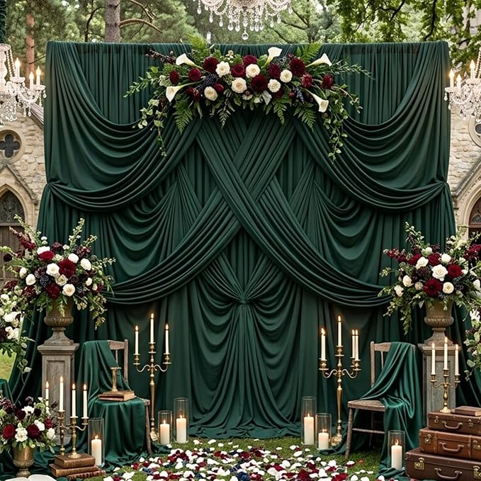 20ftx10ft Wrinkle Free Hunter Green Backdrop Curtains for Party Background, 4 Panels Silky Fabric Green Photo Backdrop Drapes Back Drop Cloth for Wedding Birthday Photography Baby Shower Decor