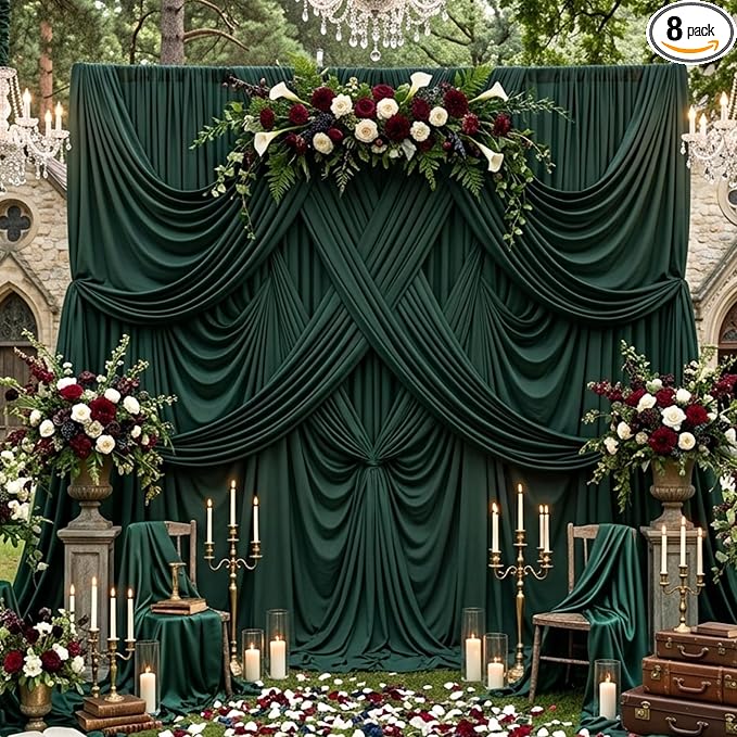 40ftx10ft Hunter Green Backdrop Curtains for Party Background, Wrinkle Free 8 Panels Silky Fabric Green Photo Backdrop Drapes Back Drop Cloth Drapery for Wedding Birthday Photography Decor