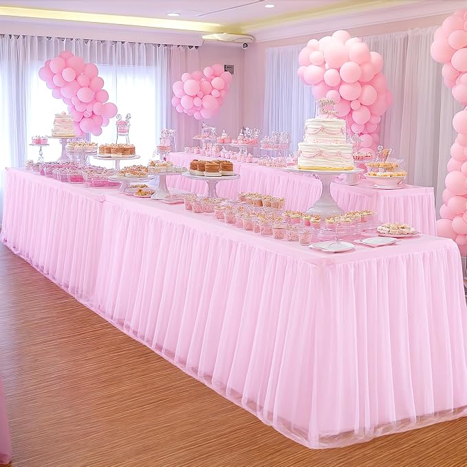 HB HBB MAGIC Baby Pink Table Cloths 8 Foot Rectangle Tulle Table Skirt Rectangle Tables 8ft Fitted Spandex Table Covers Stretch Elastic Banquet Birthday Party Baby Shower Wedding Table Cloths