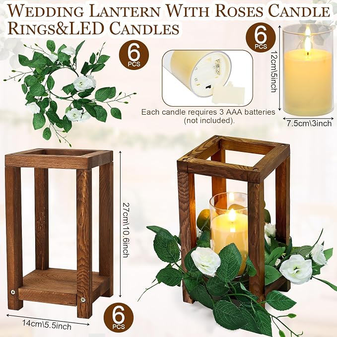18 Pcs Wooden Lanterns - 6 Wooden Wedding Centerpieces 6 White Roses Candle Wreaths 6 LED Flameless Candles for Rustic Farmhouse Country Wedding Party Table Decor