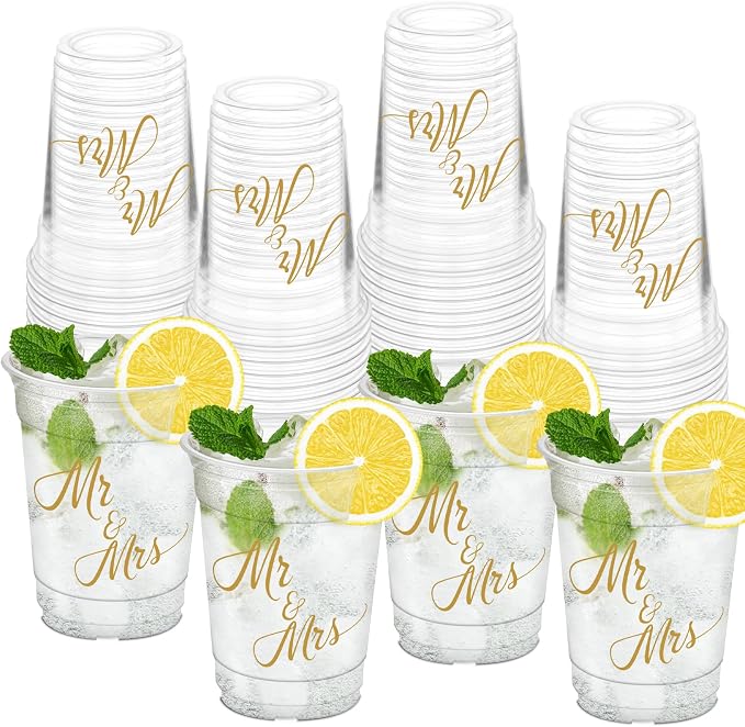 50Pcs Mr and Mrs Cups, 12oz Wedding Plastic Cups for Home Kitchen Decorations Wedding Reception Supplies Birthday Party Favors