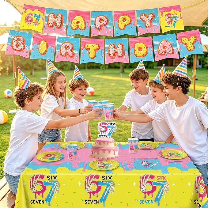172pcs Ice Cream Birthday Party Supplies 6 7 Birthday Plates Napkins Six Seven Themed Tableware Set Paper Cups Banner Tablecloths Cake Topper Party Decorations for Kids Boys Girls Serve 24