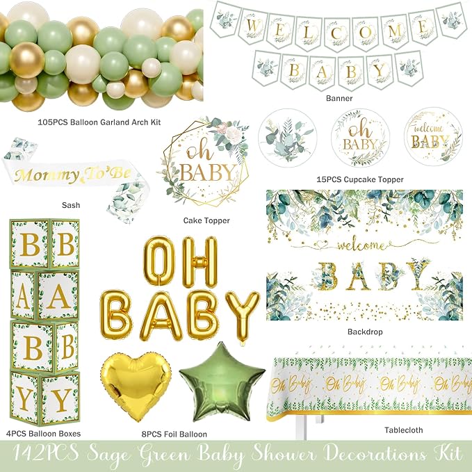 Hombae Sage Green Baby Shower Decorations, Gender Neutral Greenery Baby Shower Decorations, Welcome Baby Backdrop Green Gold Balloon Banner Tablecloth Cake Cupcake Topper Mommy to Be Sash Boxes