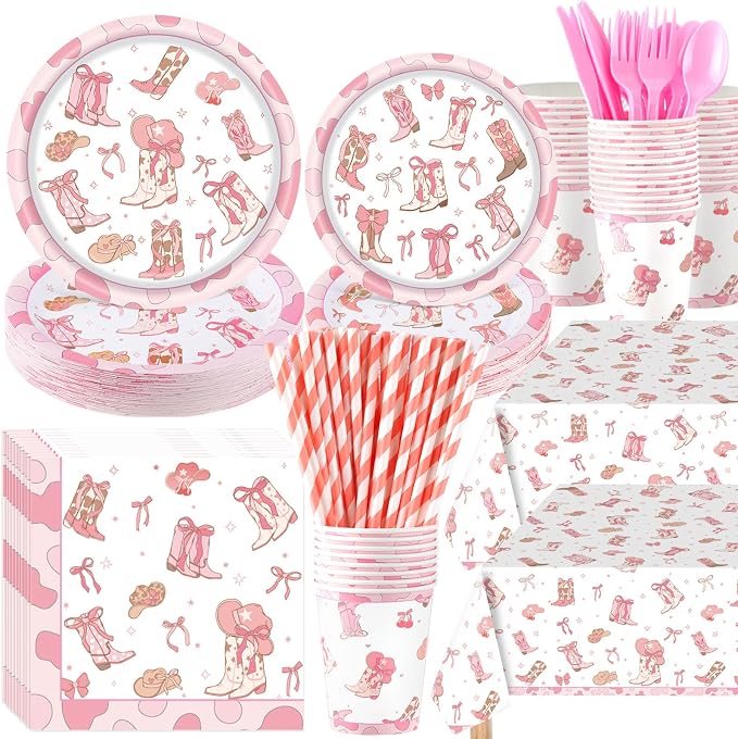 Funnymoom 452 Pcs Pink Cowgirl Boots and Bows Party Decoration for 50, Western Cowgirl Paper Plates Napkins Cups Tablecloth Cutlery Straws for Coquette Baby Shower Birthday Gender Reveal Party Supply
