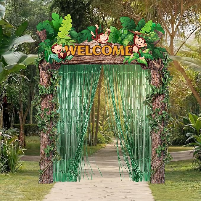 Peryiter 5 Pcs Rainforest Jungle Party Decorations Vbs 2026 Jungle Party Porch Banners Green Foil Fringe Backdrop Curtains Vbs 2026 Ceiling Hanging Decor for Sunday School Summer Birthday