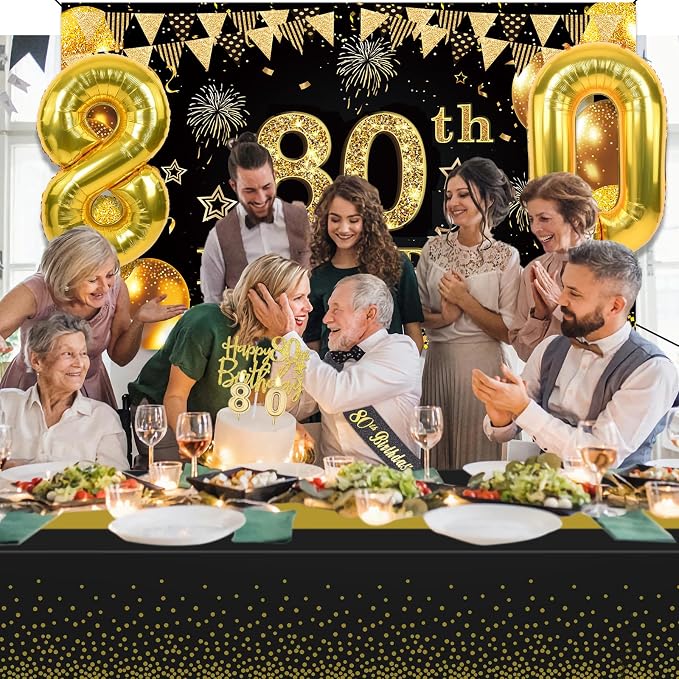 80th Birthday Decorations Men Women with 80th Birthday Banner, Black and Gold Table Cloth, Number Balloons, Large Sash, Cake Topper and Candles