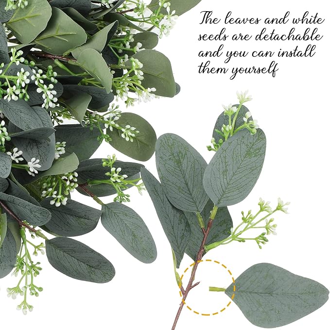 Janinka 60 Pcs Artificial Greenery Eucalyptus Stem Artificial Mixed Eucalyptus Stems Leaves Bulk with White Seeds Silver Dollar Faux Greenry Stems Sprays for Wedding Bouquet Decor Flower Arrangement