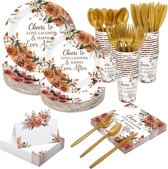 Shellwei 410 Pcs Terracotta Floral Wedding Decorations Fall Paper Plates and Napkins Set Disposable Party Tableware Sets with Cups Knives Forks Spoons Seat Card Favors for 50 Guests