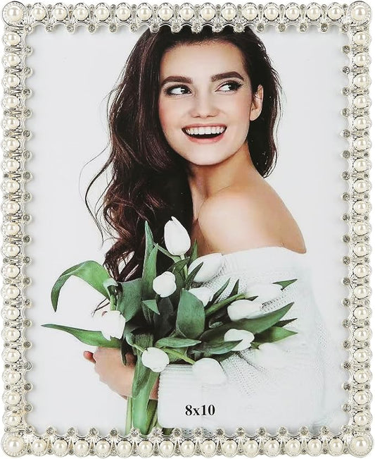 8x10 Picture Frame White Pearl Vintage Wedding Photo Frame with Glass Front | Elegant Art Decor Tabletop or Wall Display for Engagements, Anniversary, Graduation, Birthday Gifts for Women