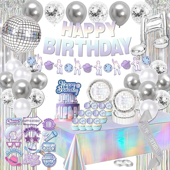 Iridescent disco Birthday Party Decorations - (Total 110pcs) happy birthday Banner, party supplies for her, balloons,disco Decor for 13th 16th 18th 21st 30th 40th 50th