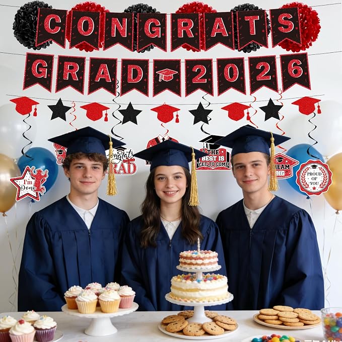 Rakuto Red and Black Graduation Decorations, Congrats Grad 2026 Banners with Hanging Swirs Party Decoration, Class of 2026 Graduation Paper Pom Poms Decor for College Grad Supplies