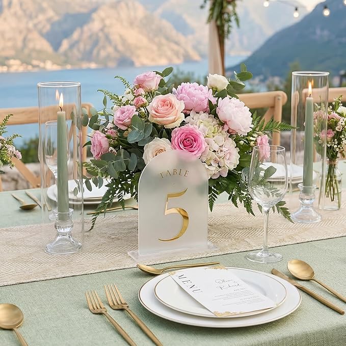 UNIQOOO Frosted Arch Wedding Table Numbers with Stands 1-30, Gold Foil Printed 5x7 Acrylic Display Signs and Holders, Pack of 30, Perfect for Centerpiece, Reception, Decoration, Party, Anniversary, Event