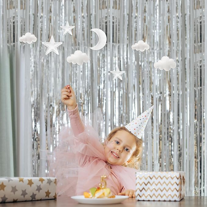 Ayfjovs 8pcs 3D Hanging Cloud Set with Moon and Stars for Ceiling Decor, Felt Artificial Ceiling Clouds for Art Stage Wedding Nursery Children Room Party Baby Shower Cloud Props