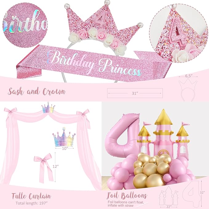 Four Ever a Princess Birthday Decorations, Princess 4th Birthday Party Decoration Supplies, Balloon Garland Castle Balloon Tablecloth Backdrop Cake Topper