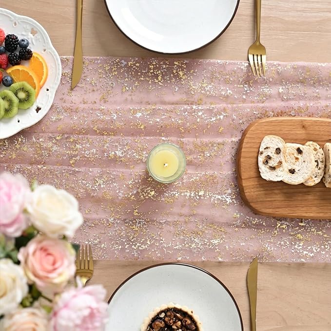 Artoid Mode 10Pcs Pink Gauze Gold Table Runner 10FT, Glitter Metallic Foil Sheer Dining Wedding Anniversary Holiday Table Decor for Home Party