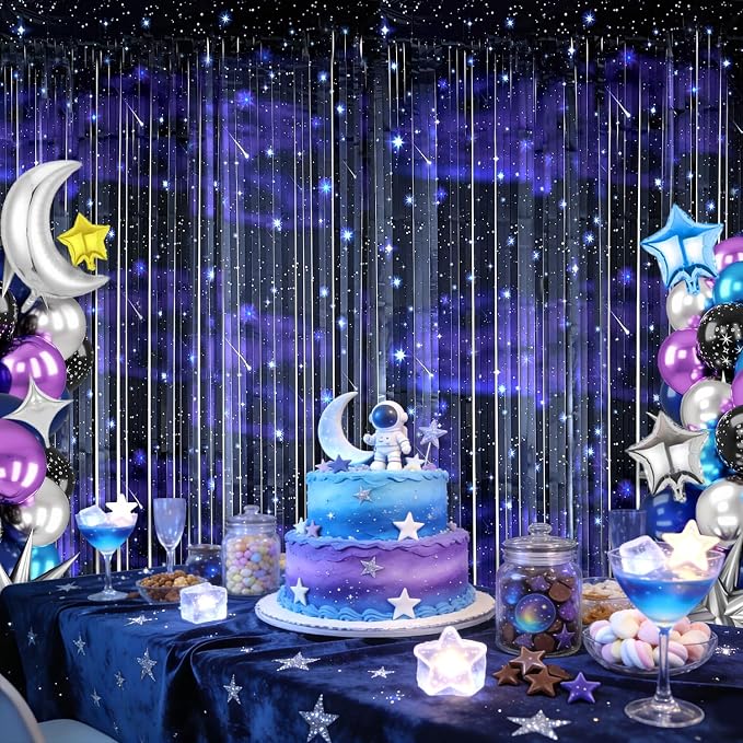 4 Pcs Galaxy Foil Curtains Backdrop for Space Themed Party Decorations, Iridescent Tinsel Curtains Blue Streamers for Space Astronaut, Music Theme Birthday Party Decorations