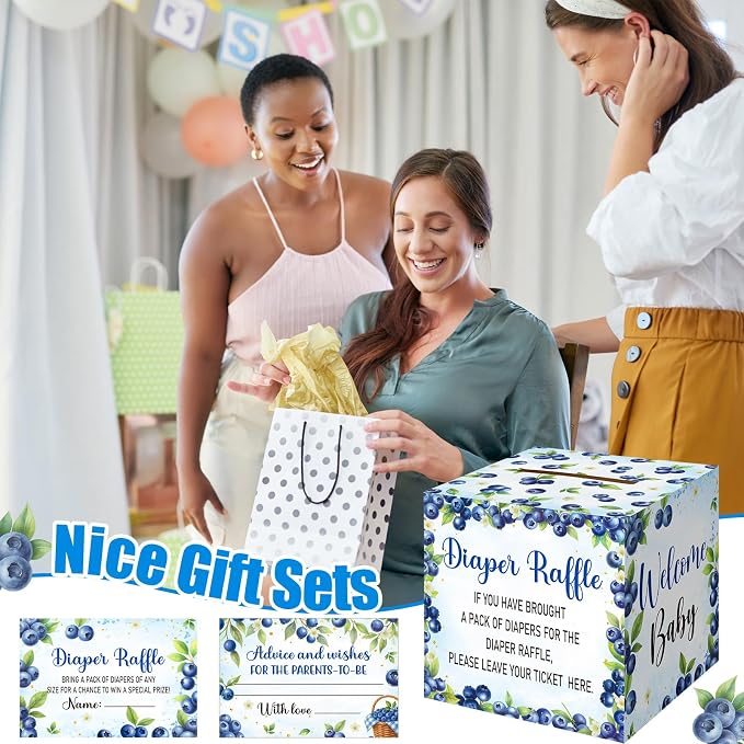 Teling 51 Pieces Diaper Raffle Tickets with Card Box Baby Shower Decorations Gender Reveal Holder Box for Girl Boy Diaper Raffle Party(A Berry Sweet Baby is on the Way)