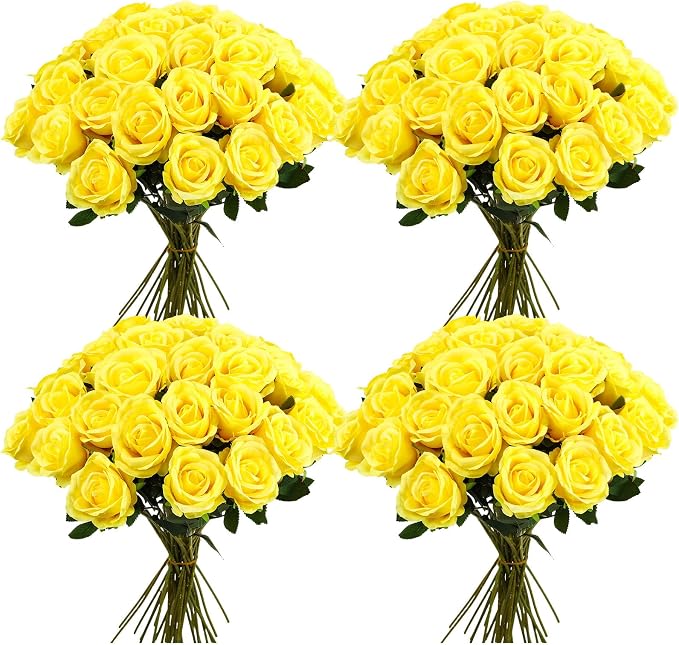36 Pcs Silk Yellow Rose Bouquet Bridal Artificial Flowers,Fake Rose Long Stem Realistic Flowers Bulk for Wedding Bouquet Ball Arrangement Centerpiece Party Decor