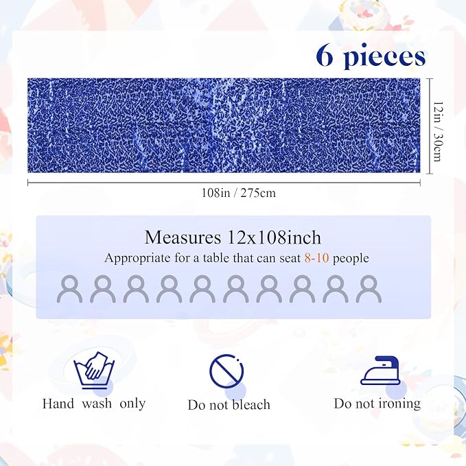 Newwiee 54 Pcs Blue Sequin Chair Sashes and Table Runners, 48 Sequin Chair Bows, 6 Glitter Table Runners for Birthday Party Wedding Banquet Holiday Decorations